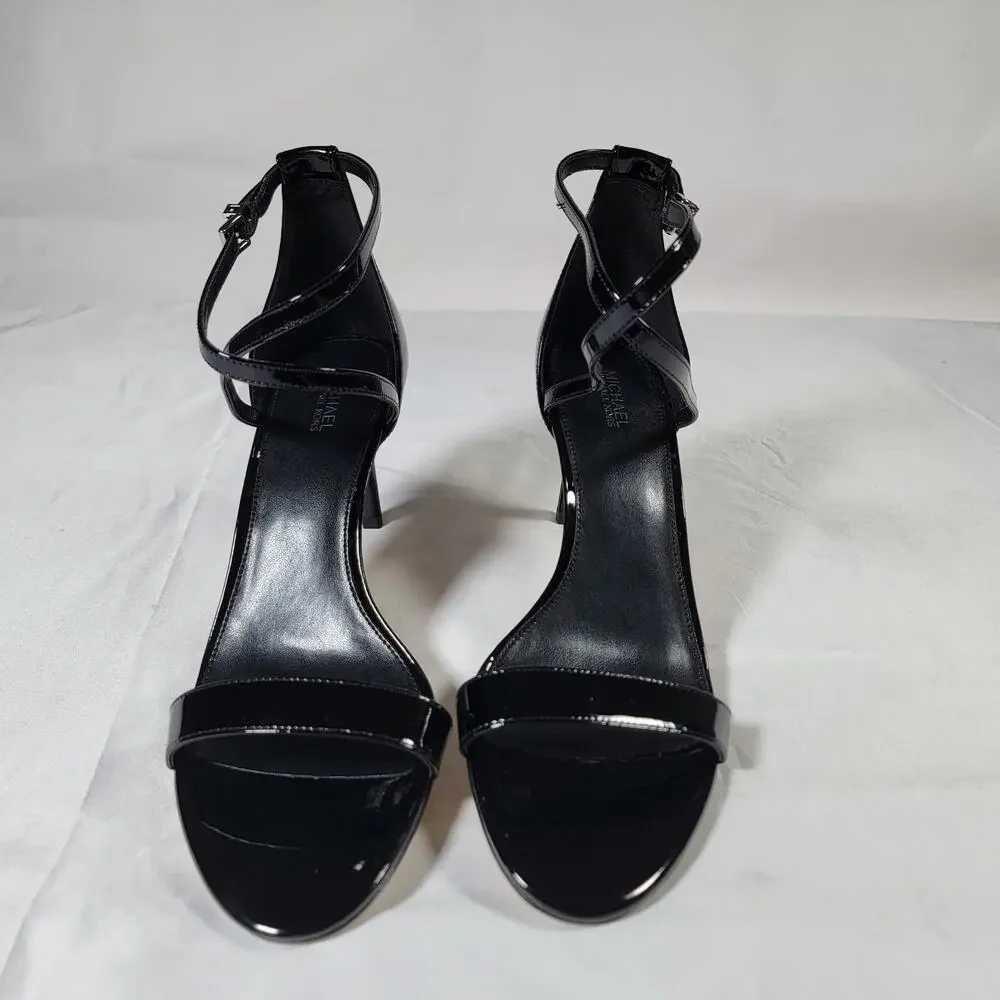 New Michael Kors Ava Mid Womens 9.5 Black Patent Strappy Heels Sandals Stiletto